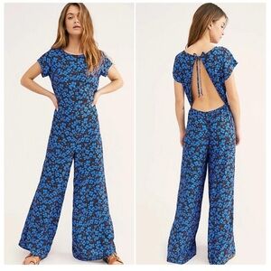 Free People Hailee Blue Floral Open-Back Jumpsuit Openback